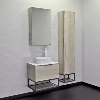 Тумба-умывальник Comforty Прага-60 дуб белый с серой столешницей (Роверелла) с раковиной 9055RA-50