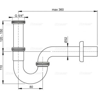 Сифон для раковины AlcaPlast ?32 U-форма цельнометаллический с накидной гайкой 5/4" A4320