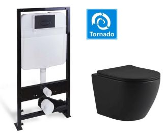 Комплект SantiLine SL-5025MB+SL-03 безободковый чёрный матовый унитаз с сиденьем микролифт и инсталляция с клавишей смыва чёрный матовый