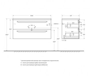 База под раковину Cezares подвесная с двумя выкатными ящиками, Sapfiro, 1000x457x500, ECO-CER-N-1000-2C-SO-SPF-P