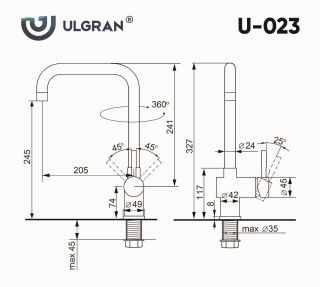 Смеситель для кухни Ulgran Classic U-023-343 с высоким поворотным изливом антрацит
