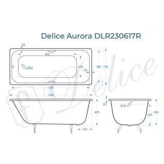 Ванна чугунная Delice Aurora DLR230617R 140х70 с отверстиями под ручки