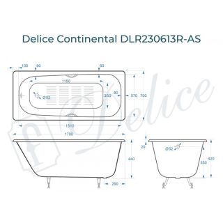Ванна чугунная Delice Continental DLR230613R-AS 170x70 с отверстиями под ручки и антискользящим покрытием